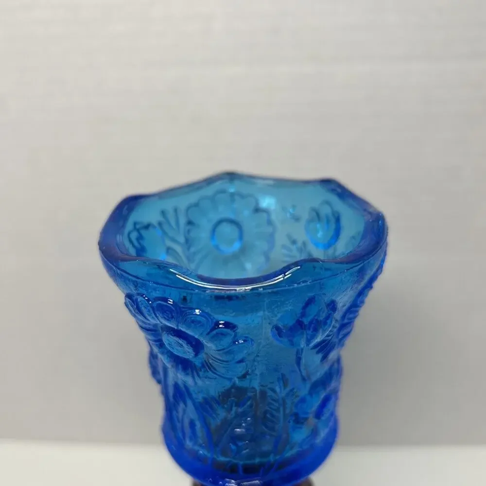 MCM Blue Glass Pegged Cup Votive Sconce Candle Holder Floral Daisy Tulip